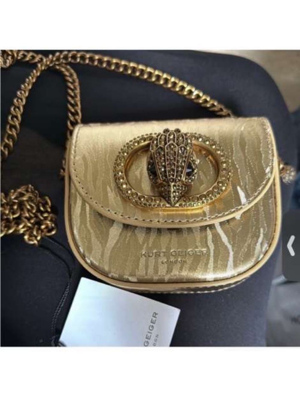 New Kurt Geiger Chelsea Metallic Gold Zebra-Print crossbody Jeweled leather